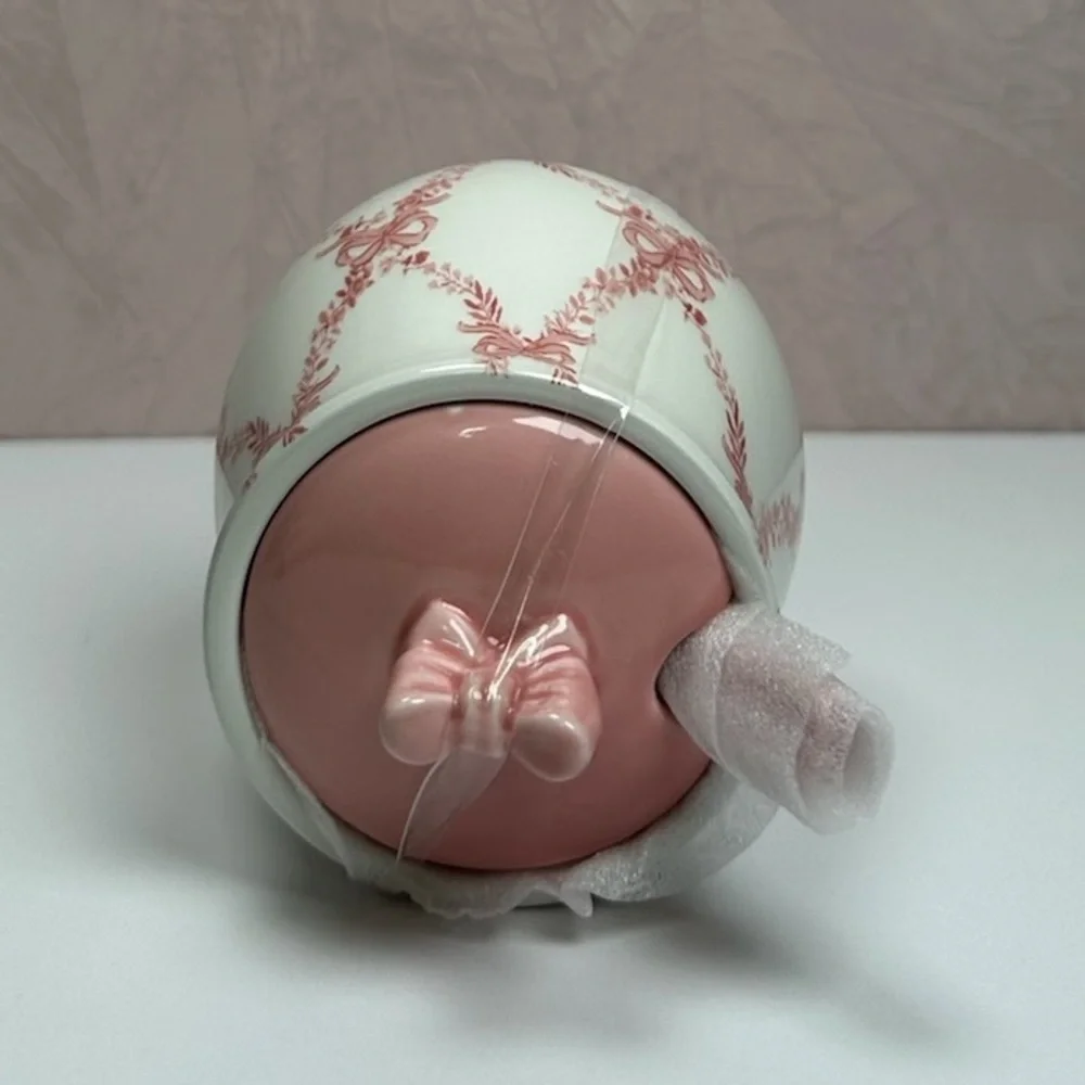 Elegant Pink and White Ceramic Sugar Bowl with Bow Accents
